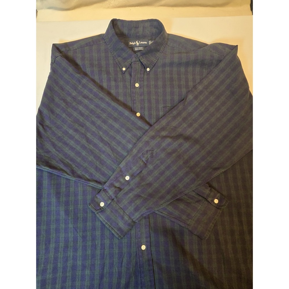 Ralph Lauren Mens "Big Shirt" Sixe XXL Blue And Green Plaid 100% Cotton‎